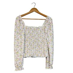 Floral Smocked Long-Sleeve Blouse - White & Pink